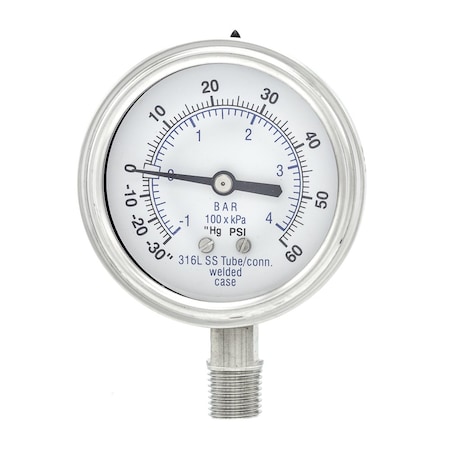 Pic Gauges 2 1/2 in Dial, 1/4 in NPT Male Lower Location, Stainless Steel Case Material PRO-301D-254CD-01